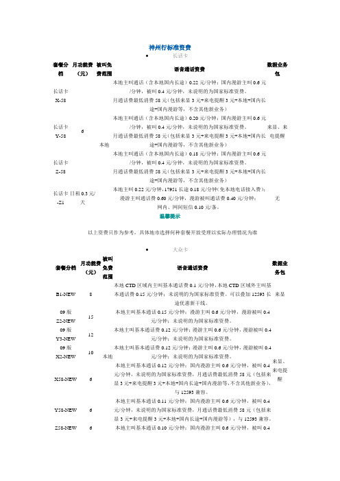安徽移动神州行资费