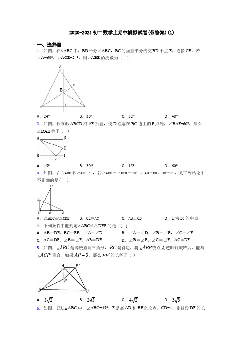 2020-2021初二数学上期中模拟试卷(带答案)(1)