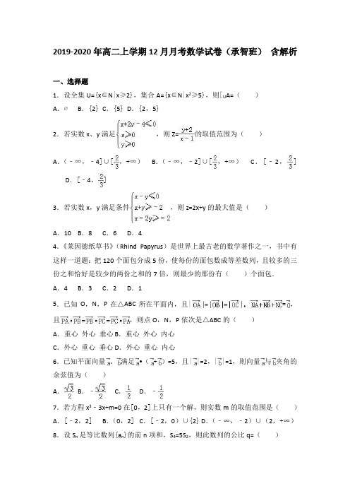 2019-2020年高二上学期12月月考数学试卷(承智班) 含解析