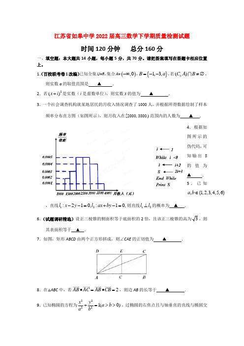 江苏省如皋中学2022届高三数学下学期质量检测模拟押题