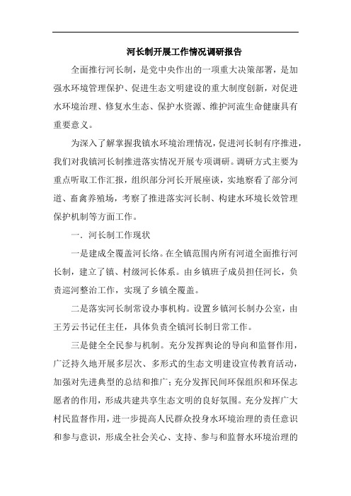 河长制开展工作情况调研报告