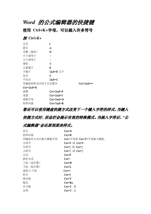 Word 的公式编辑器的快捷键