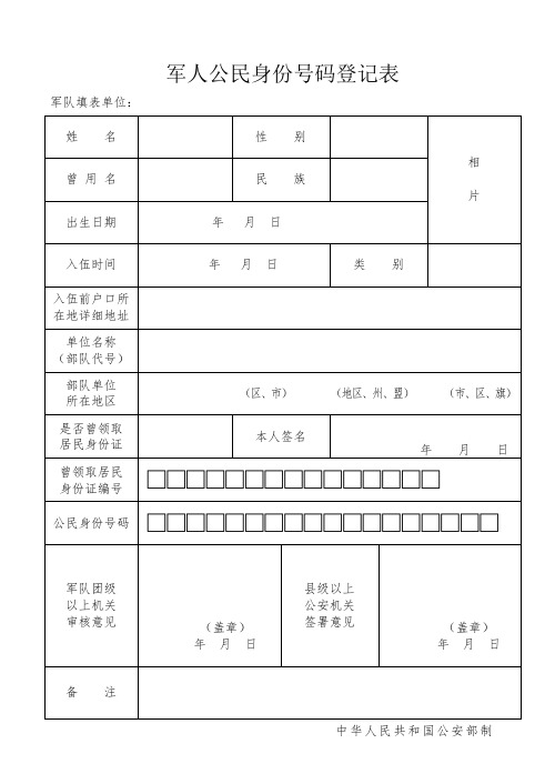 军人公民身份证号码登记表(有说明)