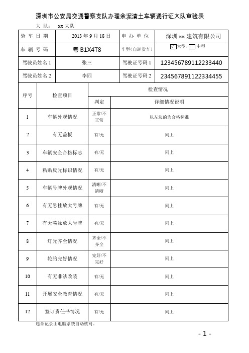 深圳市公安局交通警察支队办理余泥渣土车辆通行证大队审验表