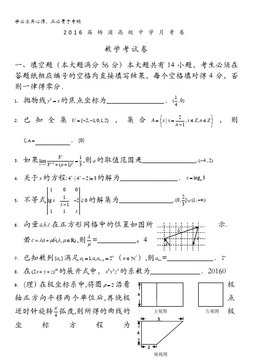 上海市杨浦高级中学2016届高三3月月考数学(文理)试题 含答案