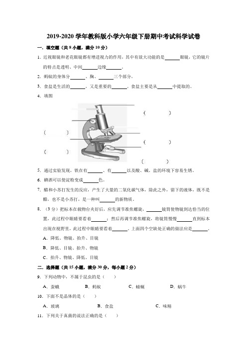 六年级下册科学试题-2019-2020学年期中考试试卷5 教科版(含解析)
