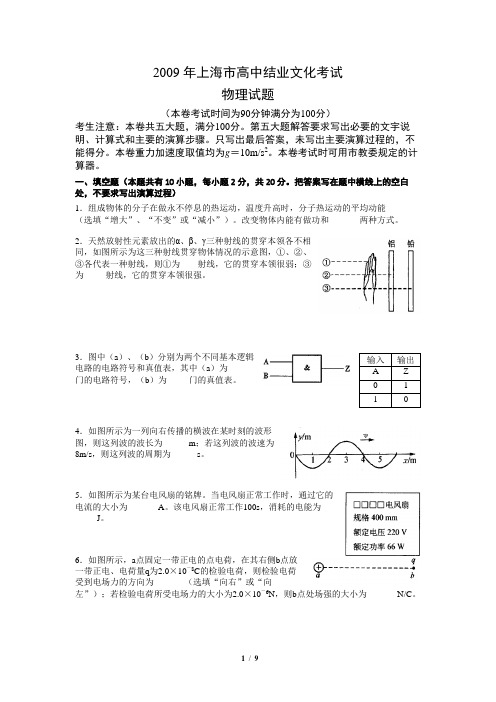 2009年上海高中结业文化考试