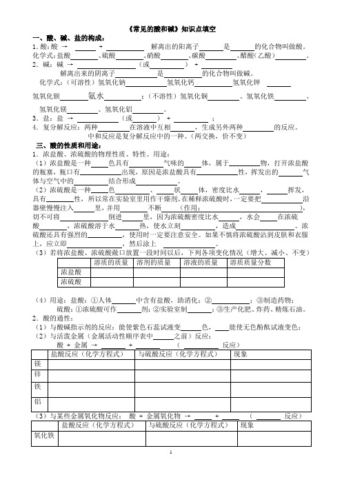 《常见的酸和碱》知识点填空