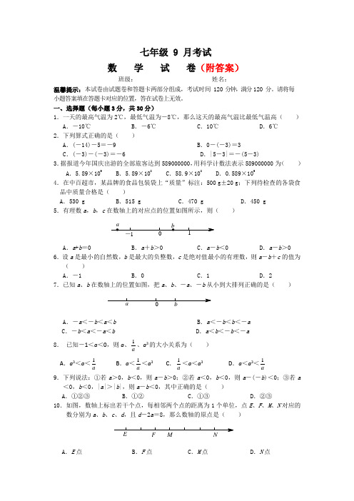 精选七年级上册9月份月考数学试题部分带答案共3份