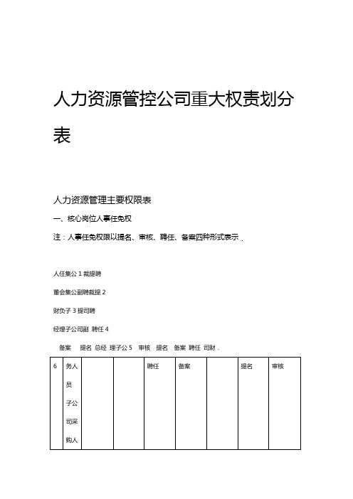 天能母子公司人力资源管理权限划分表