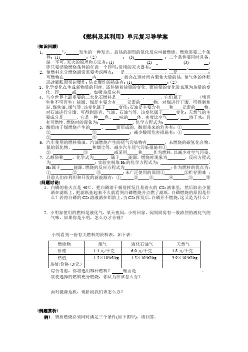 人教九年级化学导学案燃料及其利用单元复习