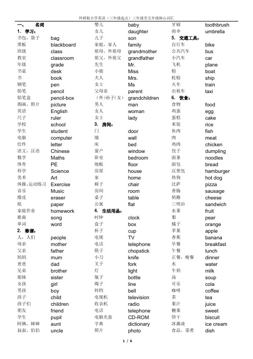 外研版小学英语三年级至五年级核心词汇(分类)表