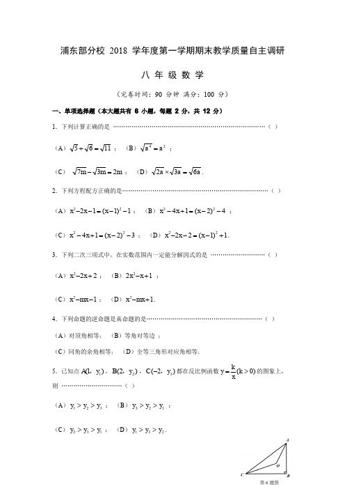 上海市浦东新区部分校2018-2019学年第一学期八年级数学期末卷 含答案