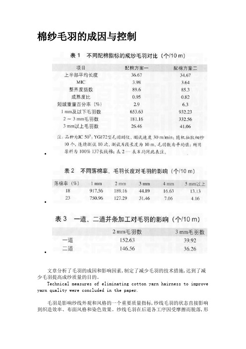 棉纱毛羽的成因与控制