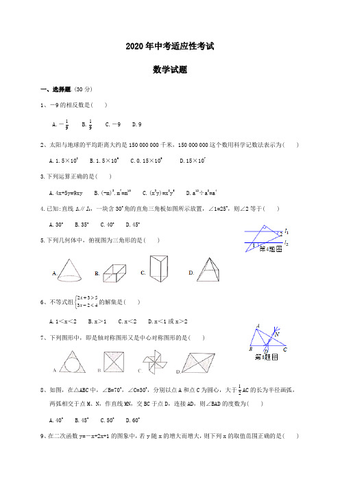 2020年湖北省中考适应性考试数学试题(word版附答案)