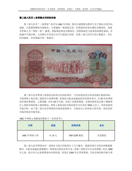 第三套人民币1角背绿水印回收价格