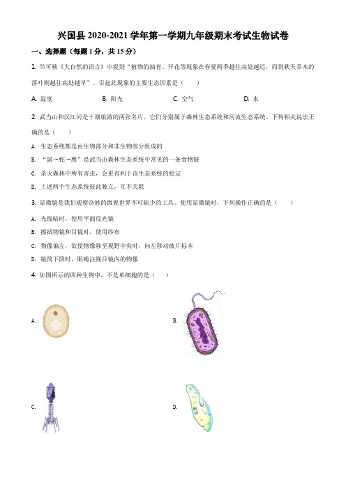 江西省赣州市兴国县2020-2021学年九年级上学期期末生物试题(原卷版)