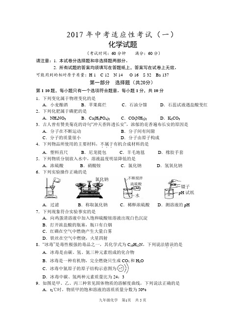 2017年中考适应性考试化学试题及答案