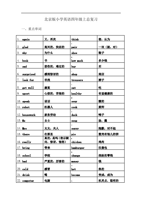北京课改版英语小学四年级上总复习