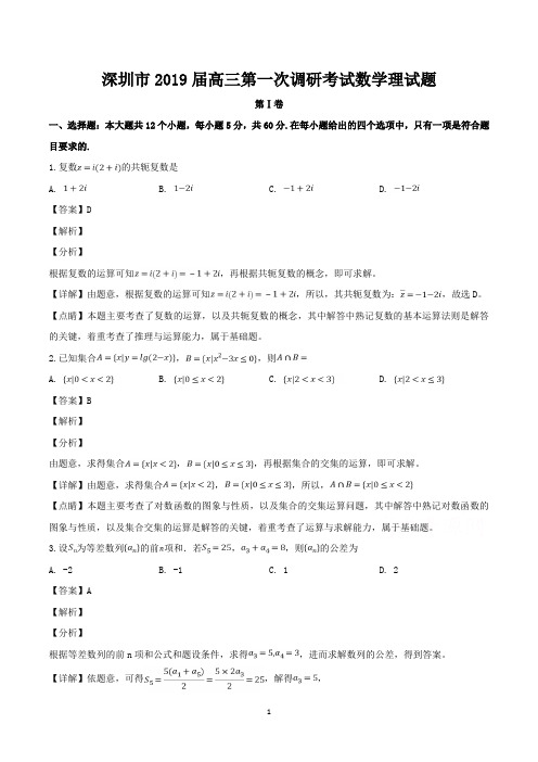深圳市2019届高三第一次模拟考试数学理试题及解析