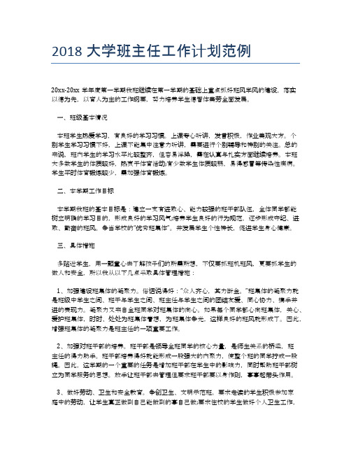 2018大学班主任工作计划范例