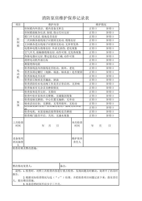 水泵房维护保养记录表