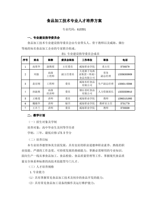 食品加工技术专业人才培养方案