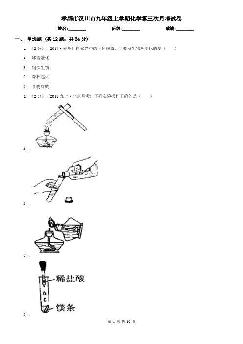 孝感市汉川市九年级上学期化学第三次月考试卷