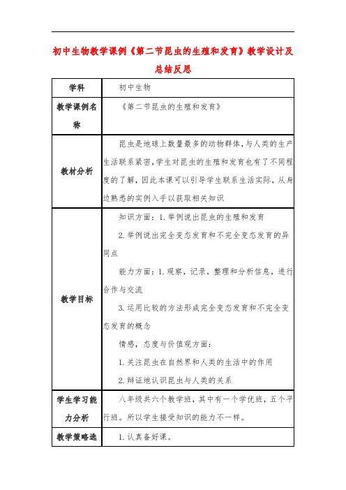 初中生物教学课例《第二节昆虫的生殖和发育》课程思政核心素养教学设计及总结反思