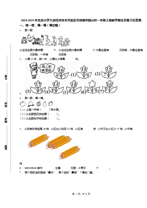 2018-2019年北京小学大连经济技术开发区华润海中国分校一年级上册数学期末总复习无答案