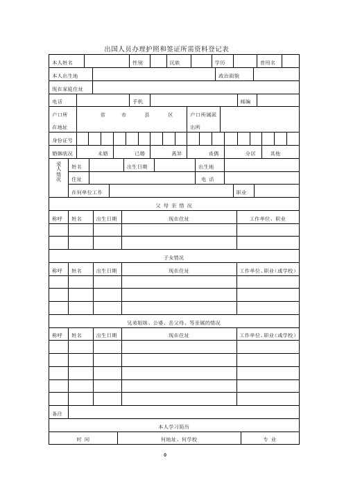 出国人员办理护照和签证所需资料登记表