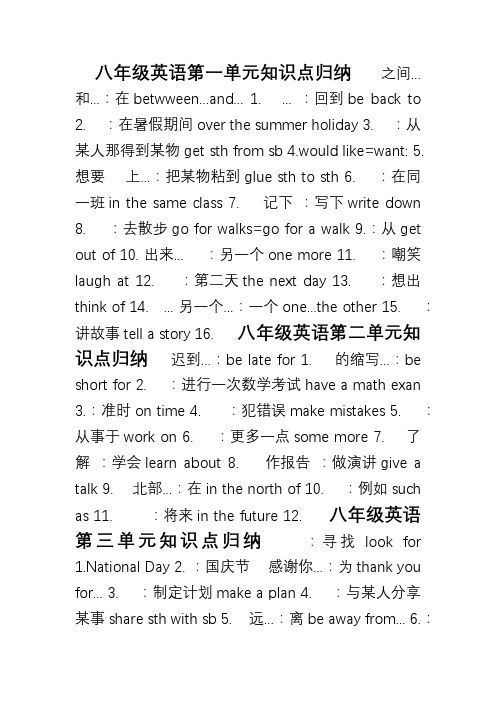 冀教版八年级英语上册第一至第八单元课本知识点归纳