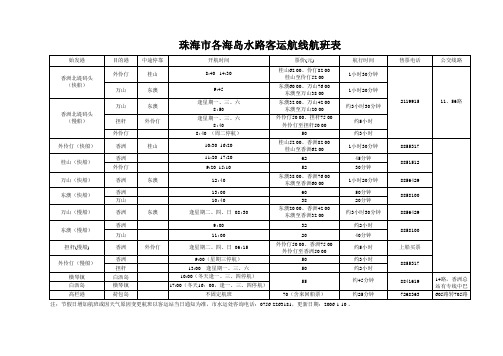 珠海市各海岛水路客运航线航班表