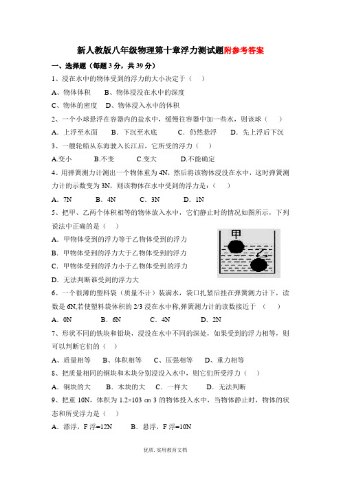 新人教版八年级物理第十章《浮力》单元测试