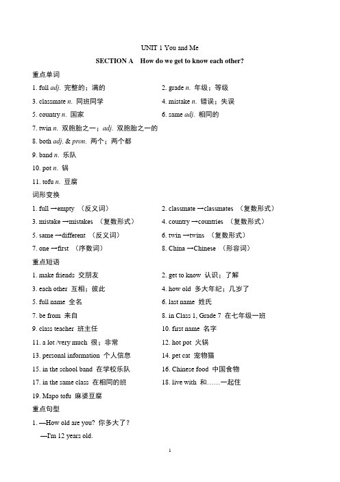 2024年人教版七年级上册英语单元基础知识背记UNIT 1