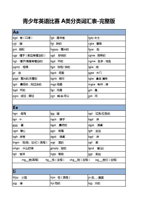 青少年英语比赛 A类分类词汇表-完整版