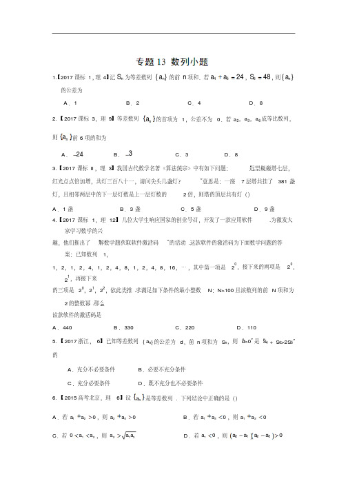 备考2018-三年高考(2015-2017)数学(理)试题分项版解析：专题13数列小题(原卷版)