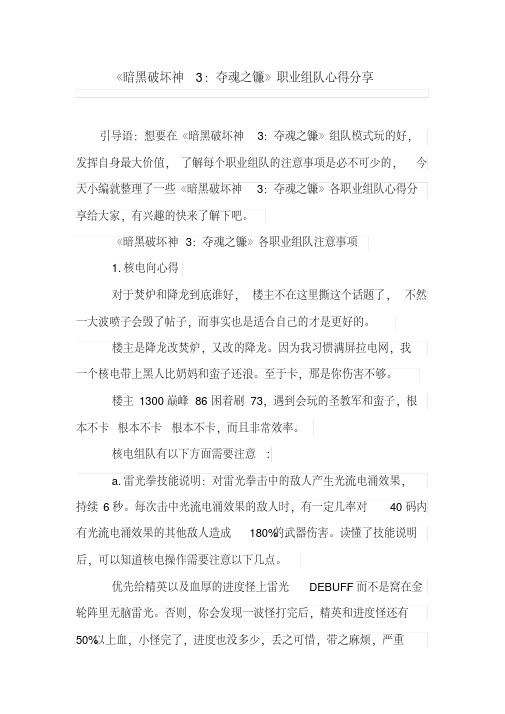 《暗黑破坏神3：夺魂之镰》职业组队心得分享