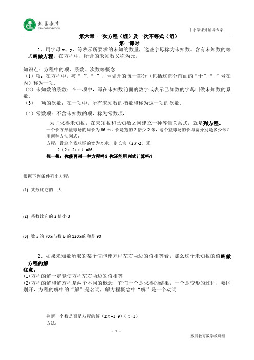 沪教版六年级第二学区第六章一元一次方程(组)及不等式(组)全章教案及习题