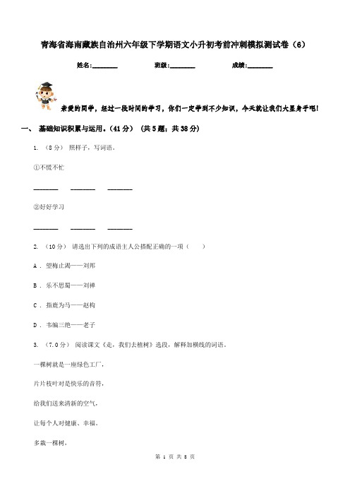 青海省海南藏族自治州六年级下学期语文小升初考前冲刺模拟测试卷(6)