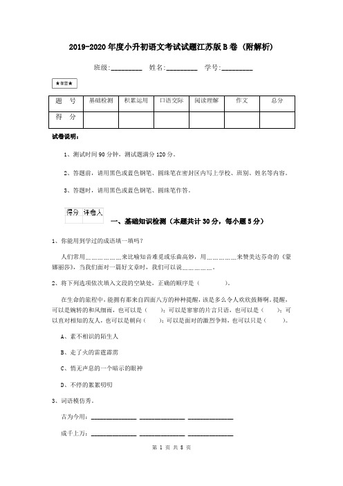 2019-2020年度小升初语文考试试题江苏版B卷 (附解析)