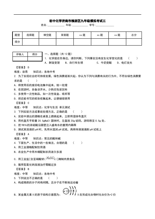 初中化学济南市槐荫区九年级模拟考试三.doc
