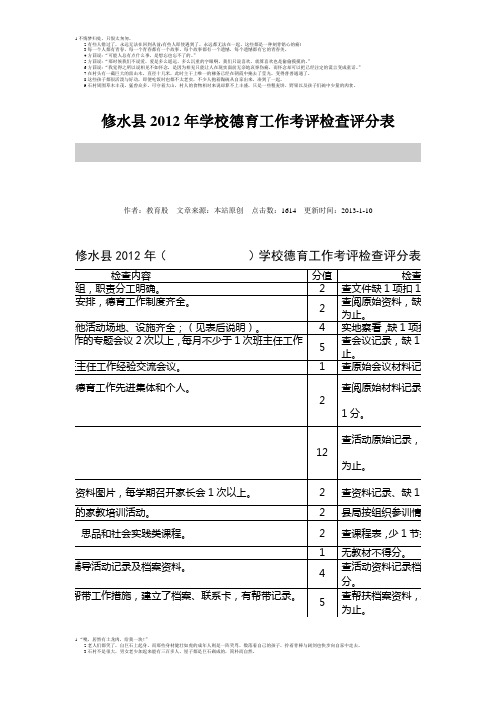 修水县2012年学校德育工作考评检查评分表