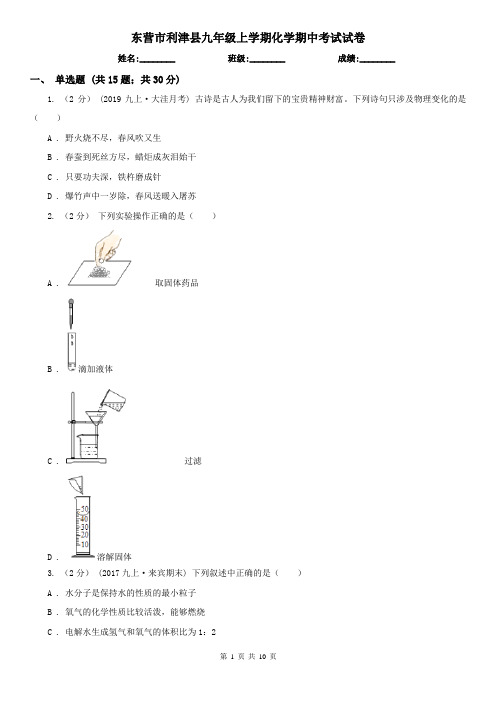 东营市利津县九年级上学期化学期中考试试卷