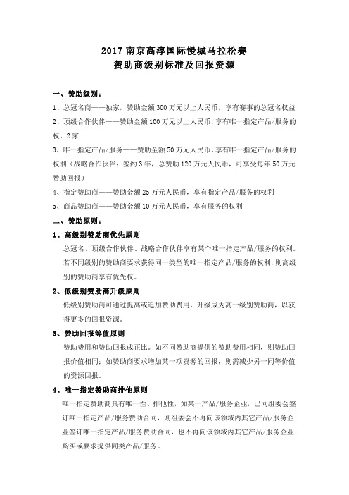 (正式版)2017高淳国际慢城马拉松赛赞助商级别标准及回报资源