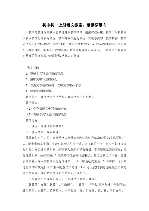 初中初一上册语文教案：紫藤萝瀑布