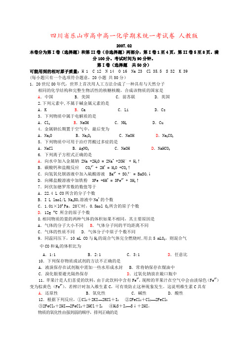 四川省乐山市高中高一化学期末统一考试卷 人教版