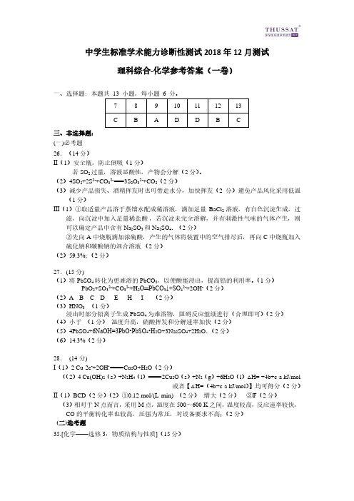 2018年清华三测理综试卷化学一卷答案THUSSAT12月测试
