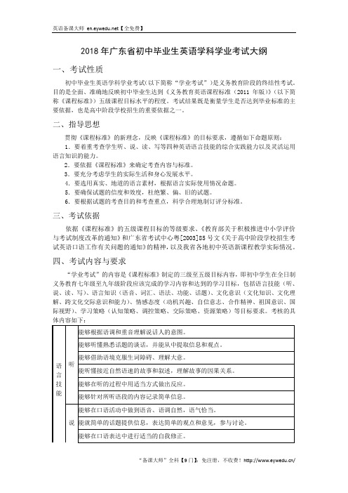 广东省2018年初中毕业生英语学科学业考试大纲(Word版,20页)