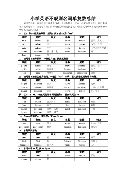 小学英语不规则名词单复数总结